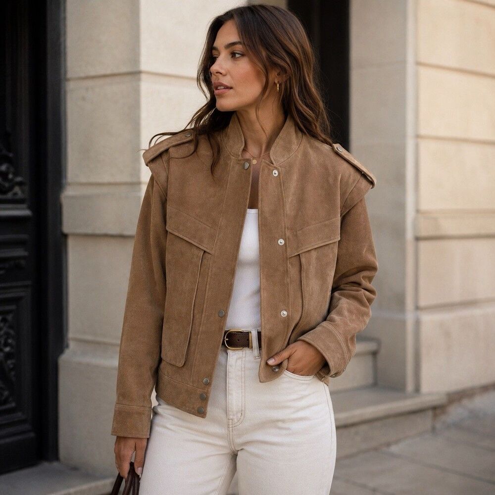 NWT Avec Les Filles Brown Suede Bomber Jacket S Leather Western Cowgirl Boho